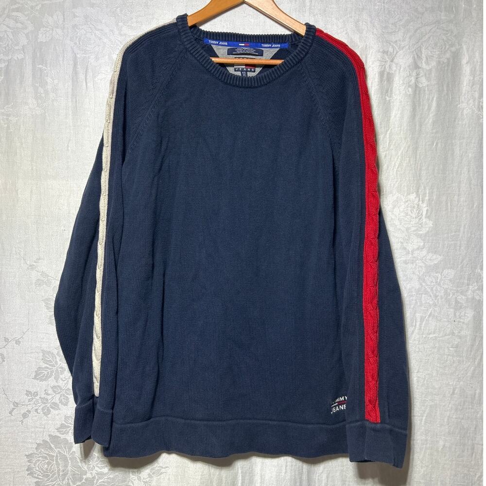 Vintage Tommy Jeans Sweater XXL Navy Blue Cable Knit Hilfiger Flag Racking 90s
